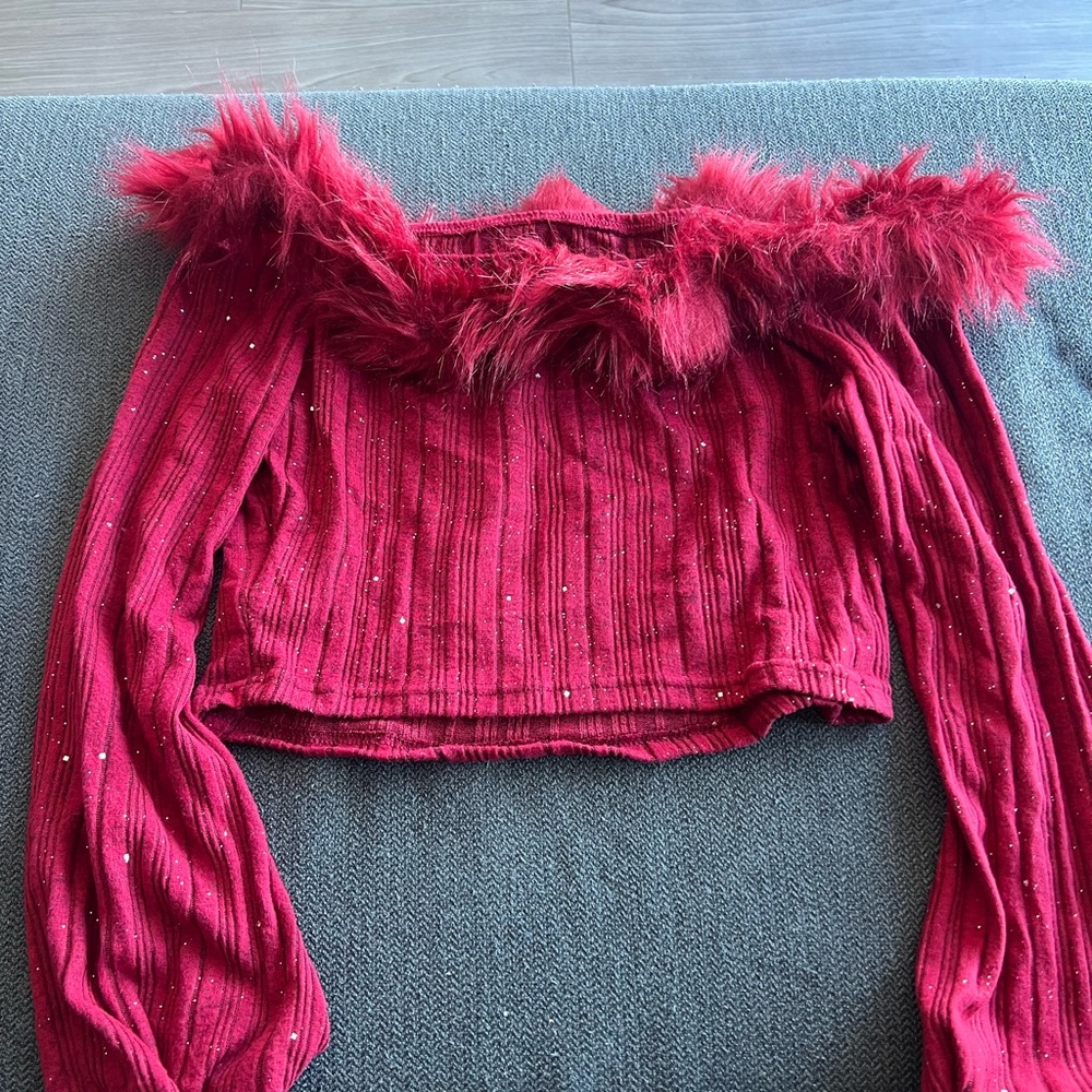Red Off-Shoulder Sweater with Faux Fur Trim